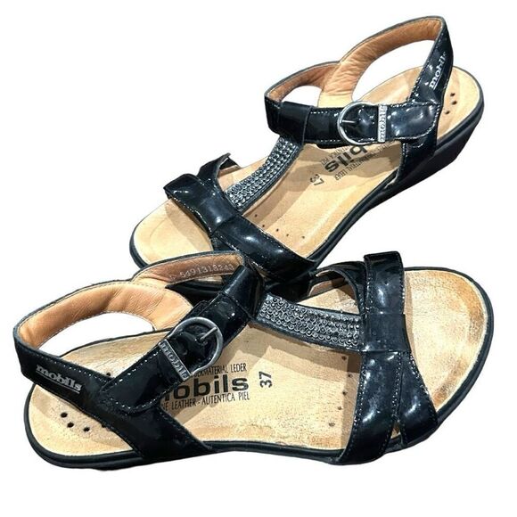 MEPHISTO Mobils Air-Relax Felizia Black Patent Leather Rhinestone Velcro Wedge S - Picture 1 of 11